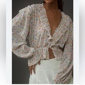 🆕 Anthropologie Cream Floral Ruffle Button-Front Blouse